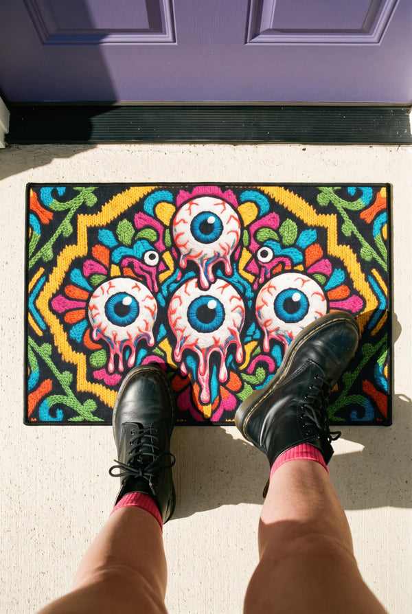 Rectangular doormat with a black background and black edge trim, printed in a flat 2D faux embroidery style. A golden yellow stepped octagon frames four large bloodshot eyeballs with blue irises and dripping pink, with two small peeking eyes among the florals. Hot pink, orange, turquoise, and green folk art petals and green vines fill the corners. Polyester surface with a low pile and non-slip rubber backing. Psychedelic 70s creepy cute decor.