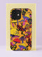 Front view of a dual layer tough phone case printed edge to edge with psychedelic magic mushrooms and poison dart frogs on a warm tangerine orange background. Yellow, red, lavender, and pink mushrooms with polka dot and spiral caps pile up across the case, while black frogs striped in red and yellow crawl between the stems. Bold black outlines give it a vintage comic book punch. Trippy 70s retro mushroom phone accessory with open ports and a precise camera cutout.