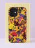 Front view of a dual layer tough phone case printed edge to edge with psychedelic magic mushrooms and poison dart frogs on a warm tangerine orange background. Yellow, red, lavender, and pink mushrooms with polka dot and spiral caps pile up across the case, while black frogs striped in red and yellow crawl between the stems. Bold black outlines give it a vintage comic book punch. Trippy 70s retro mushroom phone accessory with open ports and a precise camera cutout.