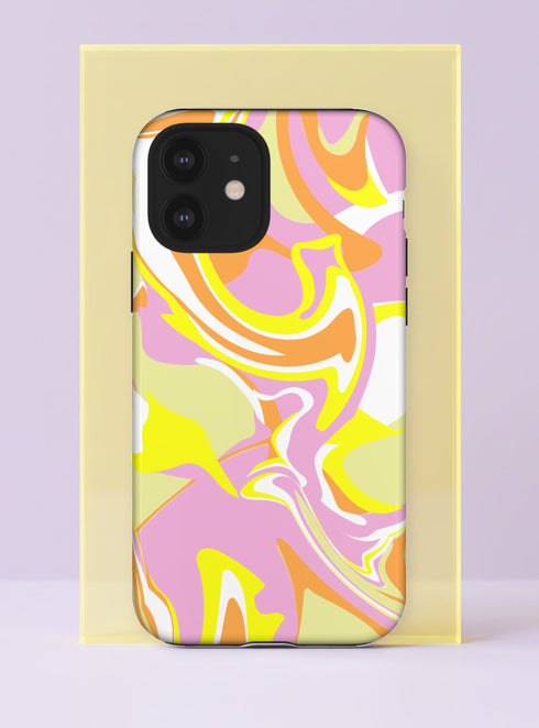 Front view of a dual layer tough phone case printed edge to edge with a liquid marble swirl. Glossy ribbons of bubblegum pink, lemon yellow, creamsicle orange, and bright white twist and fold into each other in a smooth psychedelic flow, like melted sherbet poured across the case. No hard lines, just dreamy movement in sunny pastel color. Groovy Y2K pastel marble phone accessory with open ports and a precise camera cutout for the camera bump.