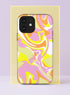 Front view of a dual layer tough phone case printed edge to edge with a liquid marble swirl. Glossy ribbons of bubblegum pink, lemon yellow, creamsicle orange, and bright white twist and fold into each other in a smooth psychedelic flow, like melted sherbet poured across the case. No hard lines, just dreamy movement in sunny pastel color. Groovy Y2K pastel marble phone accessory with open ports and a precise camera cutout for the camera bump.