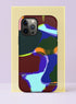 Front view of a dual layer tough phone case printed edge to edge with an abstract painted marble design. Big organic shapes of forest green, deep burgundy, and royal blue collide with an icy aqua river, a cobalt purple swirl, and quick streaks of orange and neon yellow, traced by a thin pastel line. The look is loose, painterly, and modern, like a gallery canvas shrunk to pocket size. Colorful abstract art phone accessory with open ports and camera cutout.