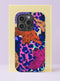 Front view of a dual layer tough phone case printed edge to edge with orange and hot pink tigers prowling over a wild leopard print. The spots are navy and royal blue on a backdrop of hot pink, lavender, peach, and mint, while the striped tigers stretch and pounce across every edge. Loud, clashing, and fully committed to the bit. Maximalist animal print tiger phone accessory with open ports and a precise camera cutout.