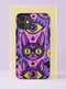 Dual layer matte phone case with a 2D print that mimics raised embroidery. Dark purple vampire bat cat heads with tall pointed ears, glowing chartreuse eyes, tiny fangs, and a pink crescent moon on the forehead repeat across a mottled purple and hot pink background, scattered with large chartreuse evil eyes with purple irises and small dark stars. Smooth printed surface with no raised threads, open ports, and camera cutout. Pastel goth, whimsigoth, creepy cute phone accessory.