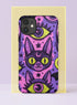 Dual layer matte phone case with a 2D print that mimics raised embroidery. Dark purple vampire bat cat heads with tall pointed ears, glowing chartreuse eyes, tiny fangs, and a pink crescent moon on the forehead repeat across a mottled purple and hot pink background, scattered with large chartreuse evil eyes with purple irises and small dark stars. Smooth printed surface with no raised threads, open ports, and camera cutout. Pastel goth, whimsigoth, creepy cute phone accessory.