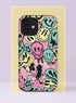 Front view of a dual layer tough phone case printed edge to edge with melting smiley faces. Drippy grinning smileys in mint, butter yellow, bubblegum pink, and baby blue pile on top of each other with bold black outlines and wobbly eyes, while a pink skull peeks out from the crowd near the bottom. Pink and yellow paint splatters fill the gaps. Trippy 90s pastel goth smiley phone accessory with a creepy cute twist, open ports, and a precise camera cutout.