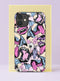 Front view of a dual layer tough phone case printed edge to edge with a pastel goth vampire collage. Open mouths with sharp fangs and pink tongues, staring bloodshot eyeballs, and blue and lavender bats with spread wings tumble over a cream background, drawn in bold black ink style lines with bubblegum pink, baby blue, and lilac fills. Creepy cute and fully unhinged. Spooky maximalist vampire bat phone accessory with open ports and camera cutout.