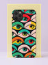 Front view of a dual layer tough phone case printed edge to edge with rows of retro pop art eyes. Wide open eyes stack in a scalloped pattern, each one framed in teal, sunflower yellow, coral red, or blush pink lids with black lashes and bold black outlines, staring back with green, yellow, and red irises. Slight print texture gives it a vintage screen print feel. Weirdcore pop art evil eye phone accessory with open ports and a precise camera cutout.