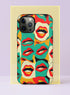 Front view of a dual layer tough phone case printed edge to edge with a pop art collage of mouths. Glossy red lips, open mouths with white teeth, and pouts in shades of cherry and coral repeat across patchwork blocks of teal, cream, mustard yellow, and orange, with a slightly worn screen print texture. It reads like a 60s magazine cut up and reassembled. Loud retro pop art lips phone accessory for big talkers, with open ports and a precise camera cutout.