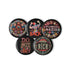 A set of five round, glossy black pinback buttons with embroidered folk art designs and bold activist slogans. Each pin features a different phrase such as "Eat the Rich" and "Resist," surrounded by colorful floral motifs.