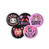 A set of five glossy round pinback buttons with pastel goth and kawaii punk designs, featuring slogans like "Eat The Rich" and "Stop Fascism" in bold pink and black. Each pin has a cute character with a rebellious message.