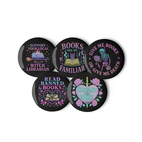 Five glossy 2.25-inch round pinback buttons with pastel punk book-themed designs. Each pin features a different bold phrase like “Read or Die,” “Books Are My Familiar,” and “Give Me Books or Give Me Death,” in pink, purple, and teal colors. Made of tinplate with a safety pin back and glossy scratch-resistant coating.