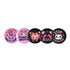 A set of five glossy round pinback buttons with pastel goth and kawaii punk designs, featuring slogans like "Eat The Rich" and "Stop Fascism" in bold pink and black. Each pin has a cute character with a rebellious message.