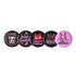 A set of five glossy round pinback buttons with pastel goth and kawaii punk designs, featuring slogans like "Eat The Rich" and "Smash Fascism" in bold pink and black. Each pin has a cute character delivering a powerful message.