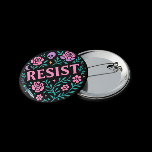 Set of five 2.25-inch round button pins featuring feminist and witchy designs with pastel artwork on a black background. Includes slogans like “Hex the System,” “Tell Me to Smile and I’ll Scream,” “Romanticize Your Rage,” “Consent or Coffin,” and “Resist.” Each button has a safety pin backing, a durable tinplate body, and a glossy, scratch and UV-resistant finish with purple, pink, teal, and mint accents.