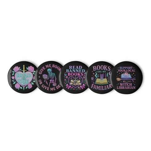 Five glossy 2.25-inch round pinback buttons with pastel punk book-themed designs. Each pin features a different bold phrase like “Read or Die,” “Books Are My Familiar,” and “Give Me Books or Give Me Death,” in pink, purple, and teal colors. Made of tinplate with a safety pin back and glossy scratch-resistant coating.