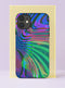 Front view of a dual layer tough phone case printed edge to edge with a trippy supernova swirl. Bands of emerald green, cobalt blue, violet, magenta, and teal curve and ripple across the case like light bending around a black hole, with glitchy streaks and blurred trails of color breaking through the waves. Psychedelic cosmic rave energy in a deep jewel tone palette. Festival ready abstract phone accessory with open ports and a precise camera cutout.