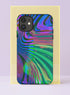 Front view of a dual layer tough phone case printed edge to edge with a trippy supernova swirl. Bands of emerald green, cobalt blue, violet, magenta, and teal curve and ripple across the case like light bending around a black hole, with glitchy streaks and blurred trails of color breaking through the waves. Psychedelic cosmic rave energy in a deep jewel tone palette. Festival ready abstract phone accessory with open ports and a precise camera cutout.