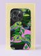 Front view of a dual layer tough phone case printed edge to edge with a psychedelic jungle scene. Chartreuse tigers with electric blue stripes leap and lounge across the case through big tropical leaves in emerald and forest green, set on a split background of black and orchid pink. Bold flat shapes and high contrast color give it a 70s poster feel. Maximalist tropical tiger phone accessory with open ports and a precise camera cutout.