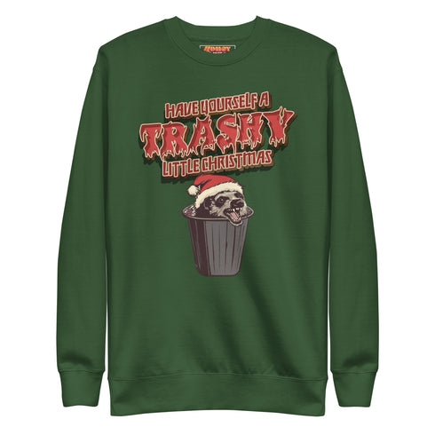 Holiday jumper sweatshirt with "HAVE YOURSELF A TRASHY LITTLE CHRISTMAS" text above a possum wearing a Santa hat, peeking out of a garbage can. Bold, punk-style lettering in red and yellow.