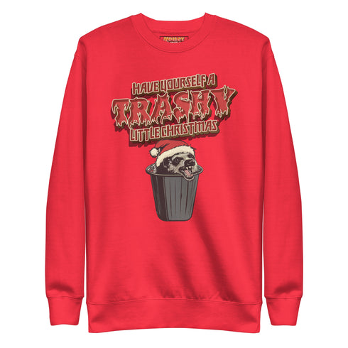 Holiday jumper sweatshirt with "HAVE YOURSELF A TRASHY LITTLE CHRISTMAS" text above a possum wearing a Santa hat, peeking out of a garbage can. Bold, punk-style lettering in red and yellow.
