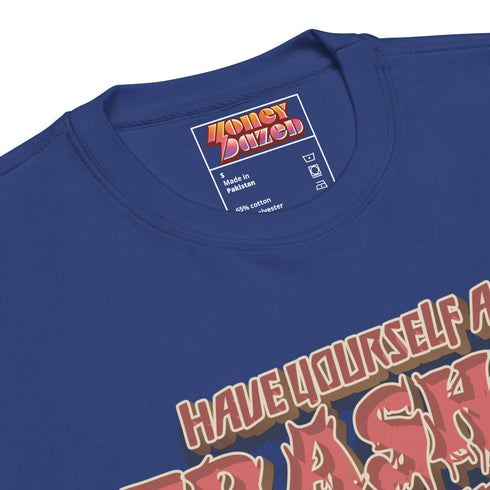 Holiday jumper sweatshirt with "HAVE YOURSELF A TRASHY LITTLE CHRISTMAS" text above a possum wearing a Santa hat, peeking out of a garbage can. Bold, punk-style lettering in red and yellow.