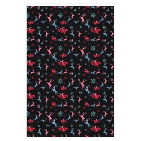 Christmas wrapping paper with a black background featuring colorful, stylized reindeer and Santa's sleigh designs. The reindeer and sleigh silhouettes are filled with skeletal patterns in shades of blue, pink, and red. Multicolored snowflakes in various sizes are scattered throughout. The paper has a whimsical, slightly gothic aesthetic that blends traditional holiday imagery with a unique, edgy twist.