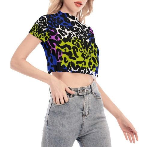 Color Block Leopard Print Mesh Crop Top