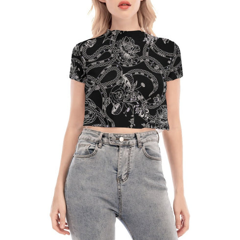 Vipers'N'Roses Mesh Crop Top In Black