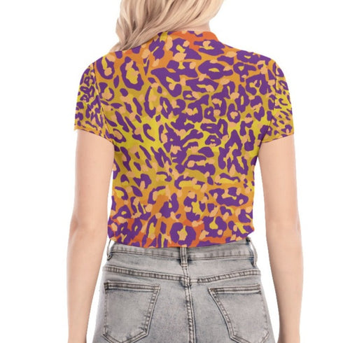 Leopard Print Mesh Crop Top in Tequila Sunrise