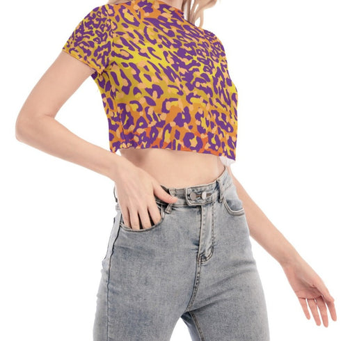 Leopard Print Mesh Crop Top in Tequila Sunrise