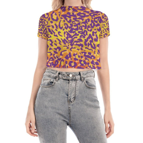Leopard Print Mesh Crop Top in Tequila Sunrise