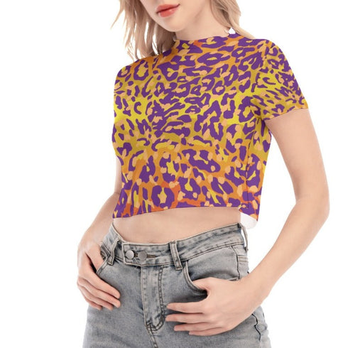 Leopard Print Mesh Crop Top in Tequila Sunrise