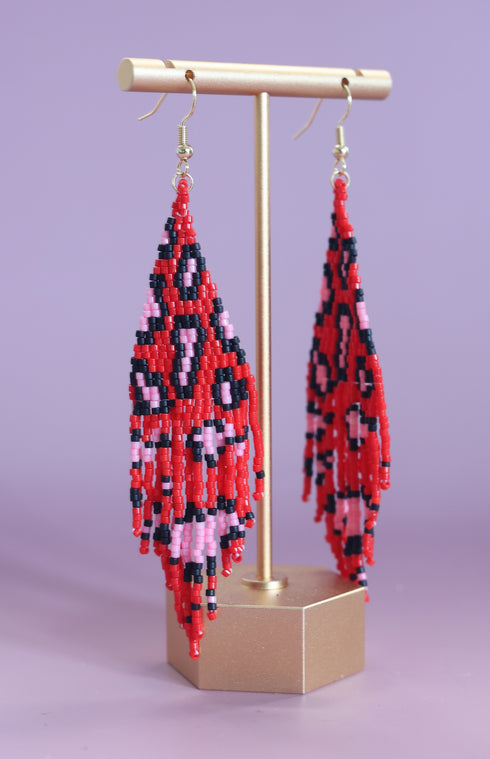 Long Bead Fringe Earrings in Red Hot Leopard