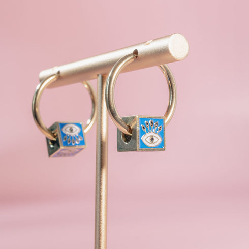 Evil Eye Cube Hoop Earrings