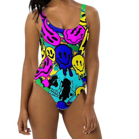 Melted Neon Smiley Print One-Piece Swimsuit