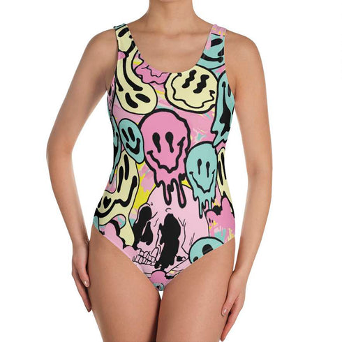 Pastel Melted Neon Smiley Print One-Piece Swimsuit
