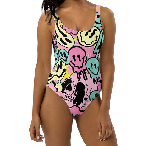 Pastel Melted Neon Smiley Print One-Piece Swimsuit