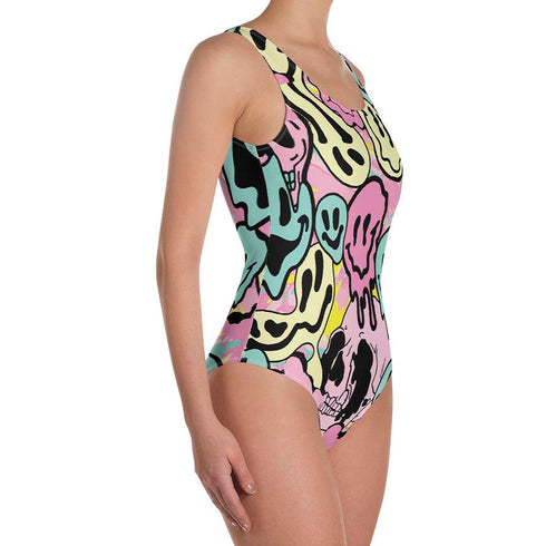Pastel Melted Neon Smiley Print One-Piece Swimsuit
