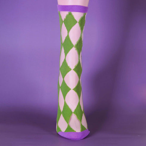 Sheer Purple and Green Argyle Intarsia Socks