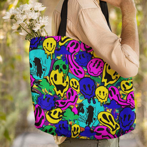 Melted Neon Smiley Print Tote Bag in Blue