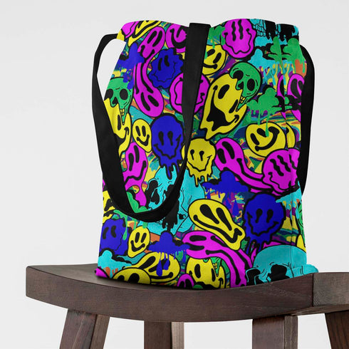 Melted Neon Smiley Print Tote Bag in Blue
