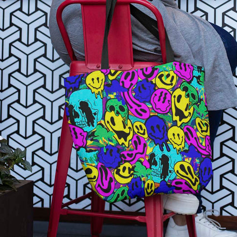 Melted Neon Smiley Print Tote Bag in Blue