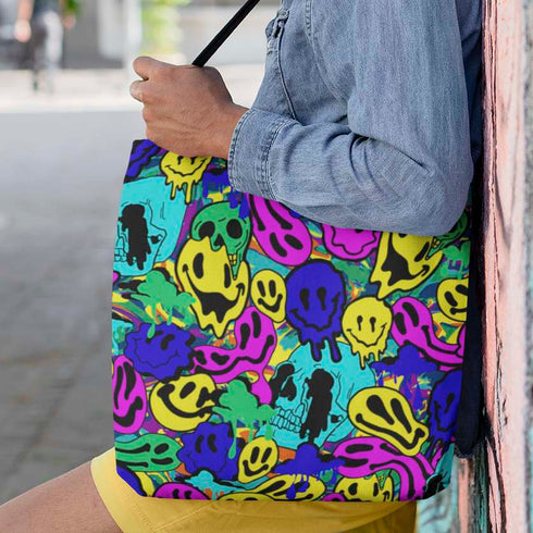 Melted Neon Smiley Print Tote Bag in Blue