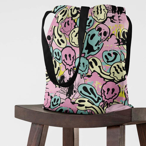 Melted Neon Smiley Print Tote Bag in Pastel