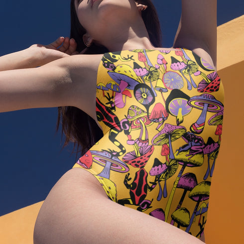 Magic Mushrooms and Frogs One-Piece Swimsuit in Orange