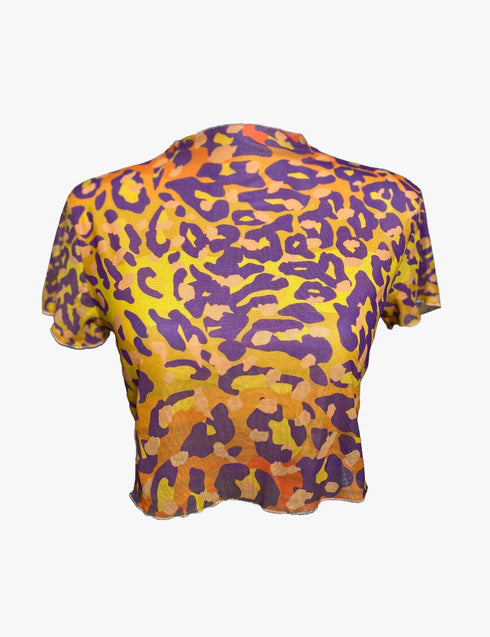 Leopard Print Mesh Crop Top in Tequila Sunrise