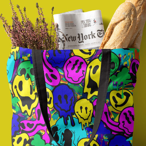 Melted Neon Smiley Print Tote Bag in Blue