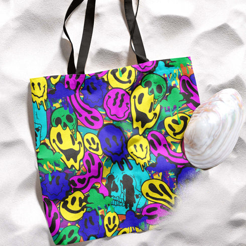 Melted Neon Smiley Print Tote Bag in Blue