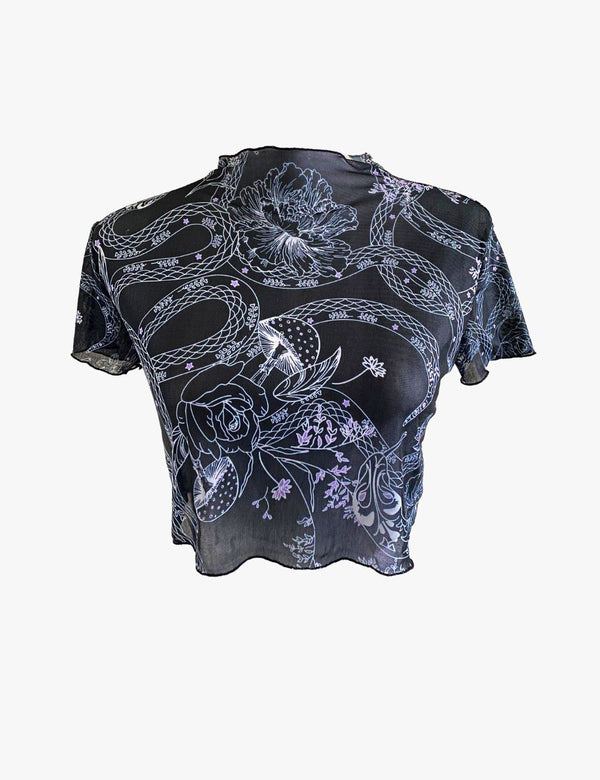 Vipers'N'Roses Mesh Crop Top In Black